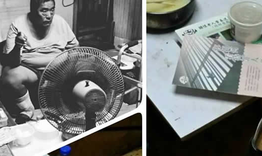 他住在這個小屋裡，獨自一人，雙腳嚴重的蜂窩性組織炎，傷口潰爛烏黑